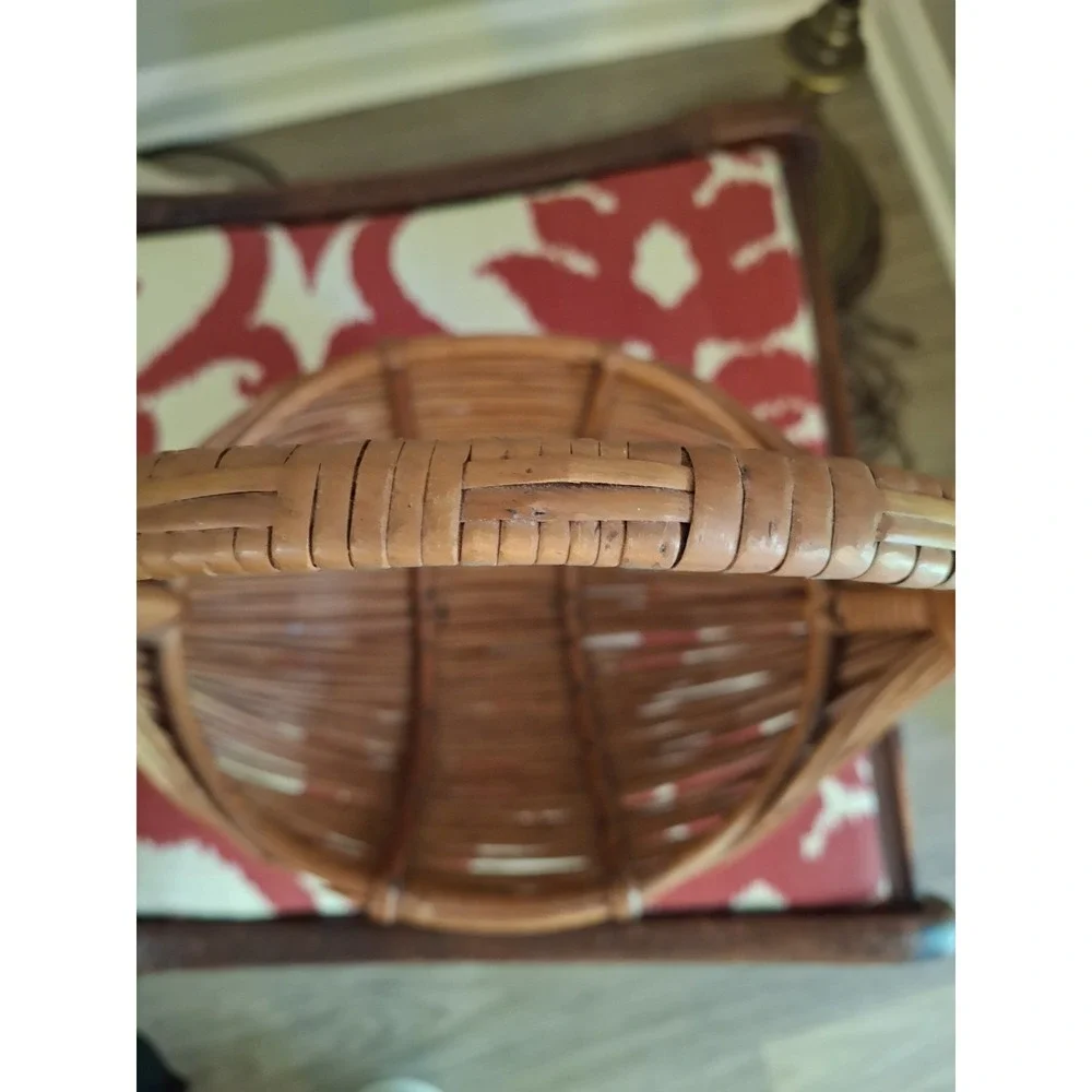 Vintage MCM Handmade Bamboo and Rattan Boat Shaped Fruit Basket With Handle